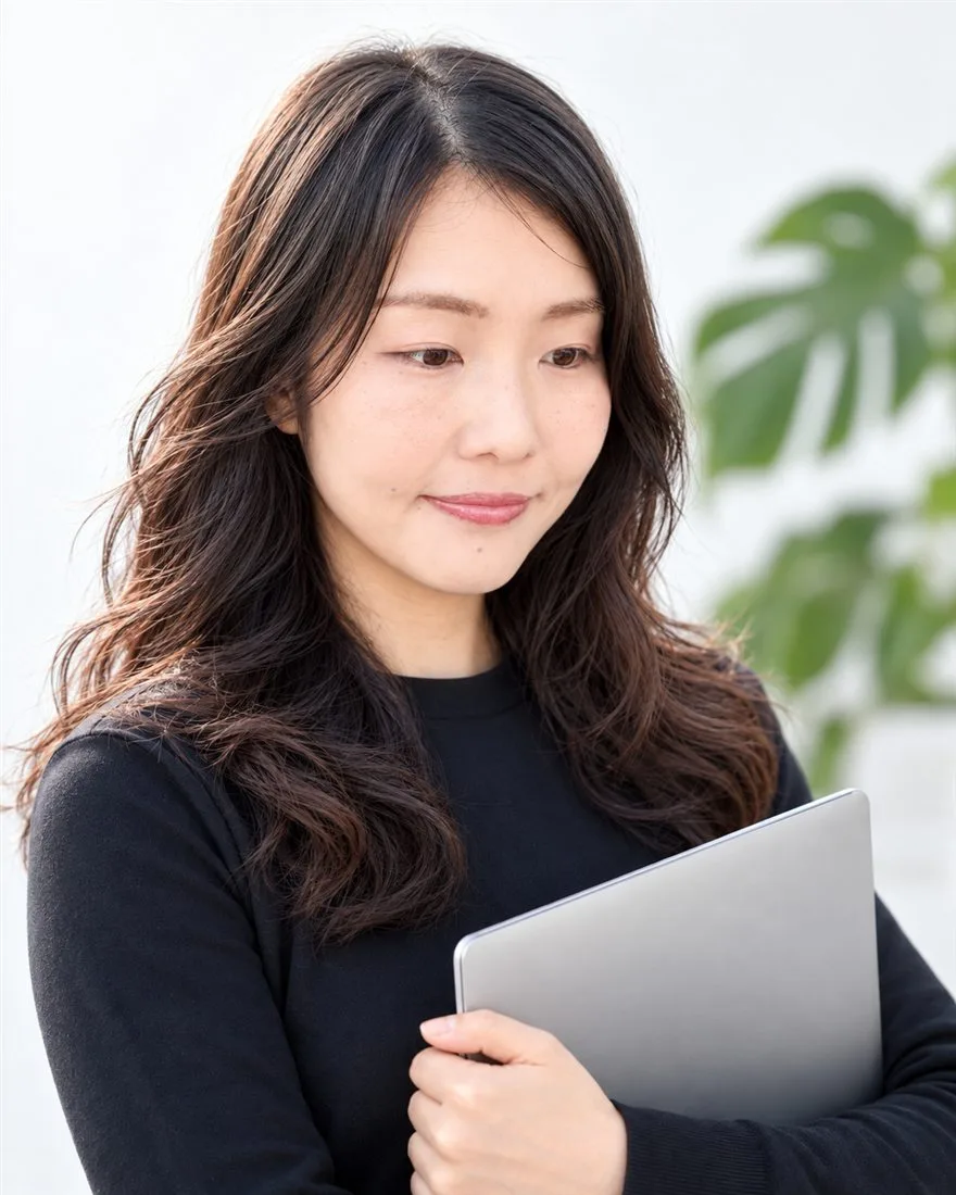 ノートパソコンを抱え、やわらかな表情でうつむく亜紀